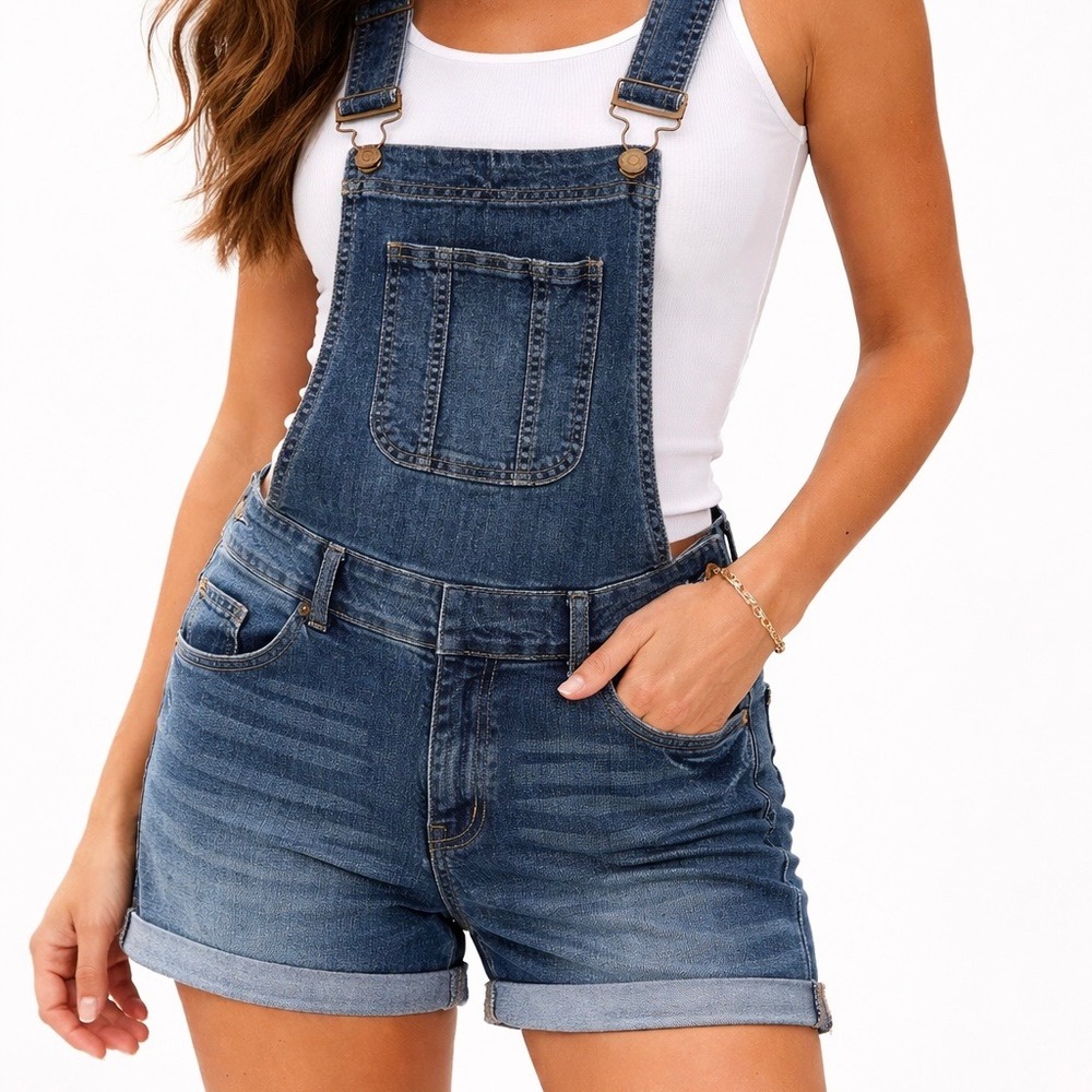 VTG Y2K Indie Sleaze Denim Shortalls Medium Wash Retro Dungarees Size 11